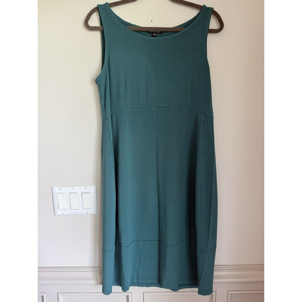 Eileen Fisher Women Jersey Jewel Neck Sleeveless Long Length Dress Teal M